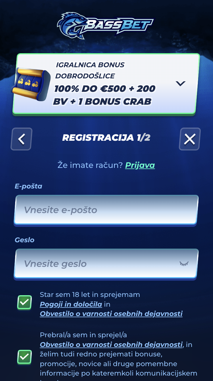 Bassbet casino korak registracije 2