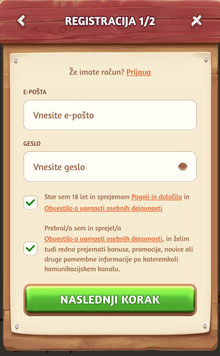 BillyBets casino korak registracije 2