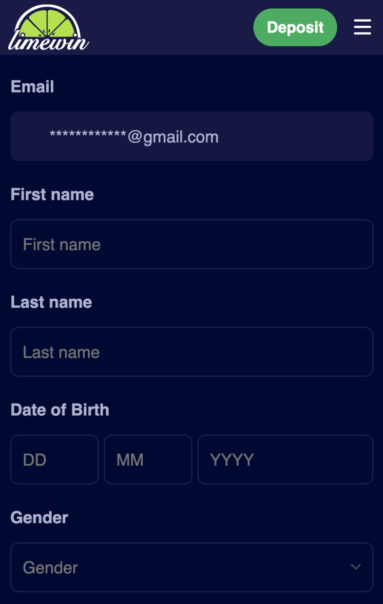 Limewin casino korak registracije 3
