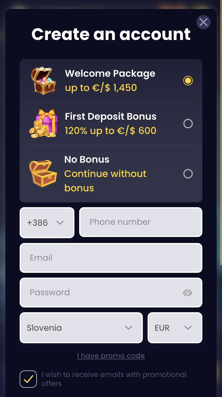 Slotsgem Casino korak registracije 2