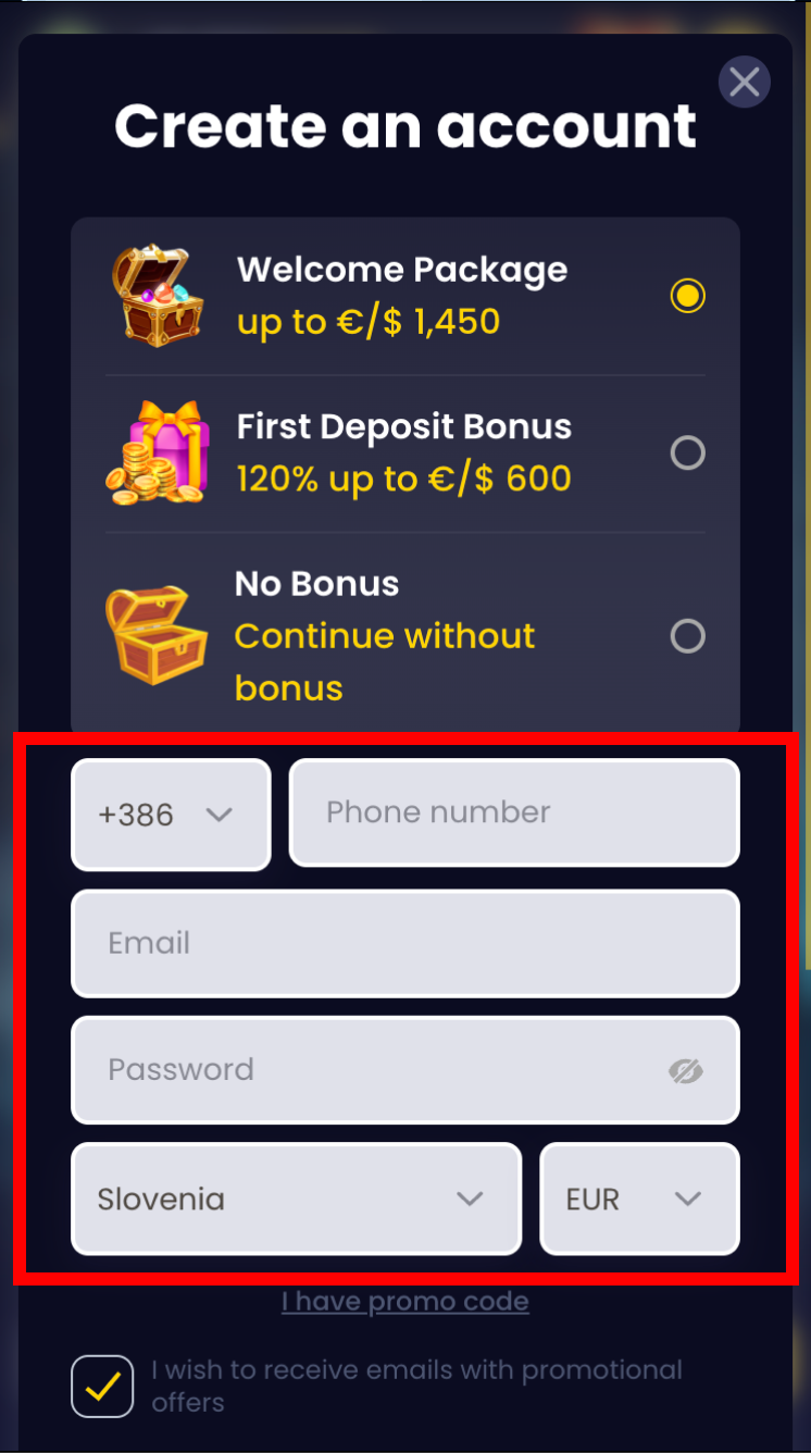 Slotsgem Casino korak registracije 3