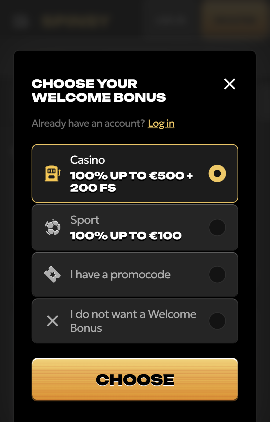 Spinsy Casino korak registracije 2