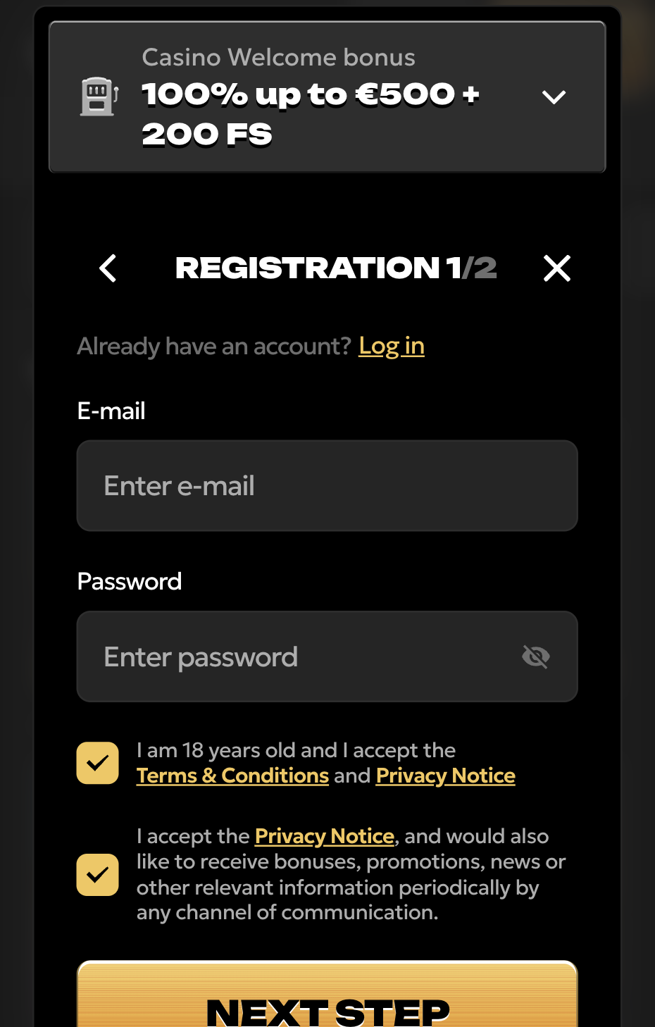 Spinsy Casino korak registracije 3