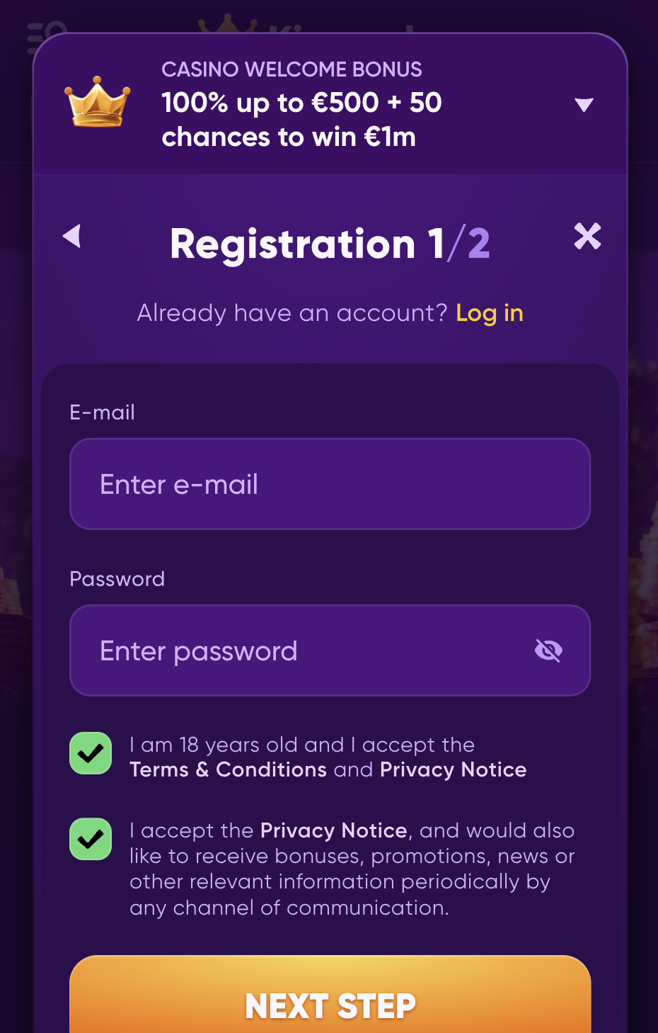 Kingmaker casino korak registracije 3