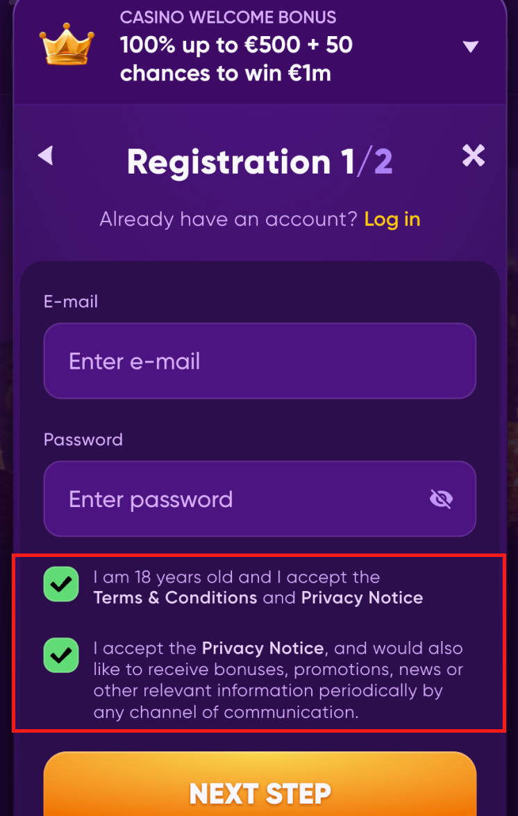 Kingmaker casino korak registracije 4