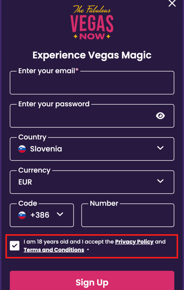 Vegas Now korak registracije 3