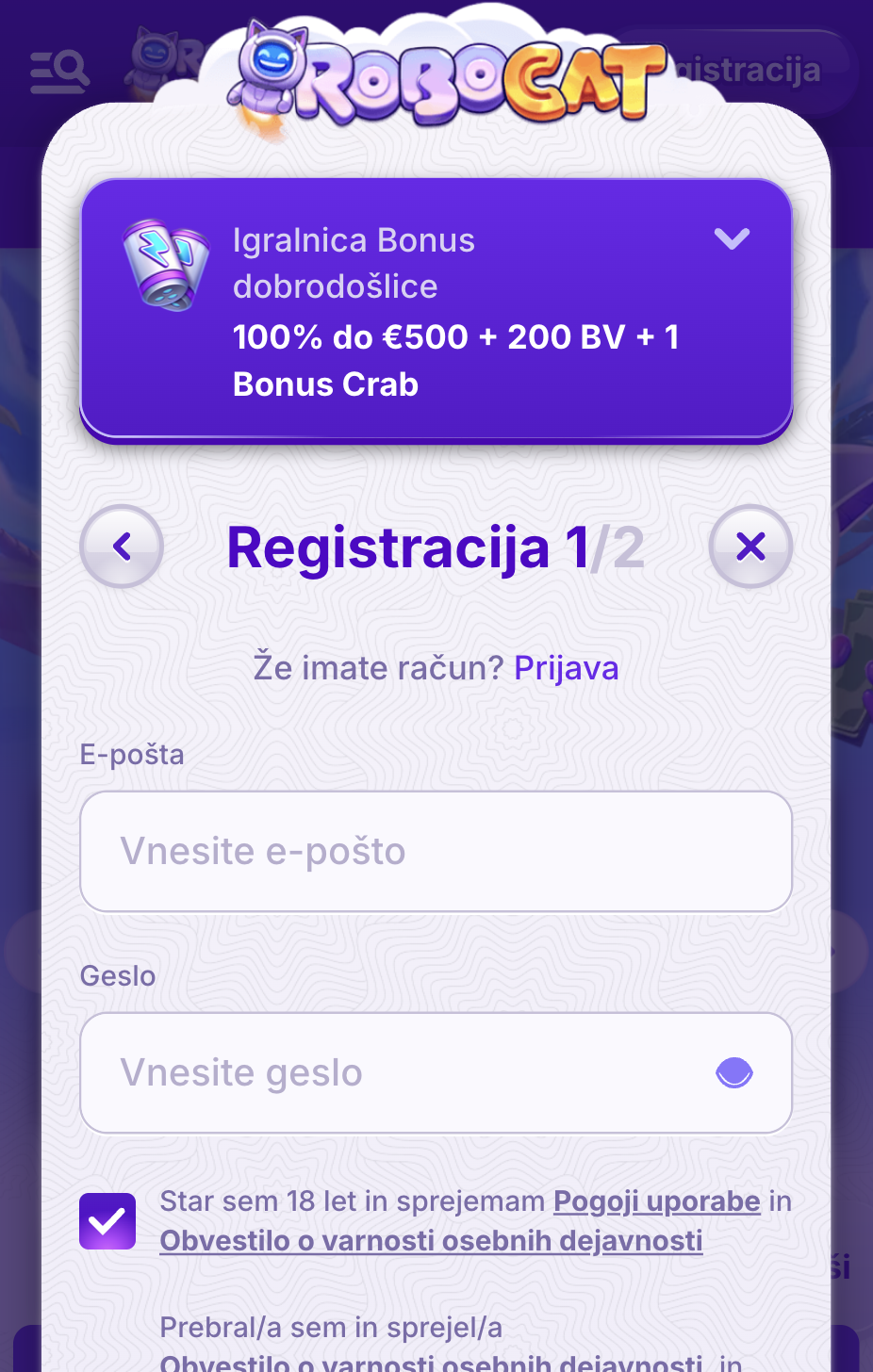 Robocat casino 2. korak registracije