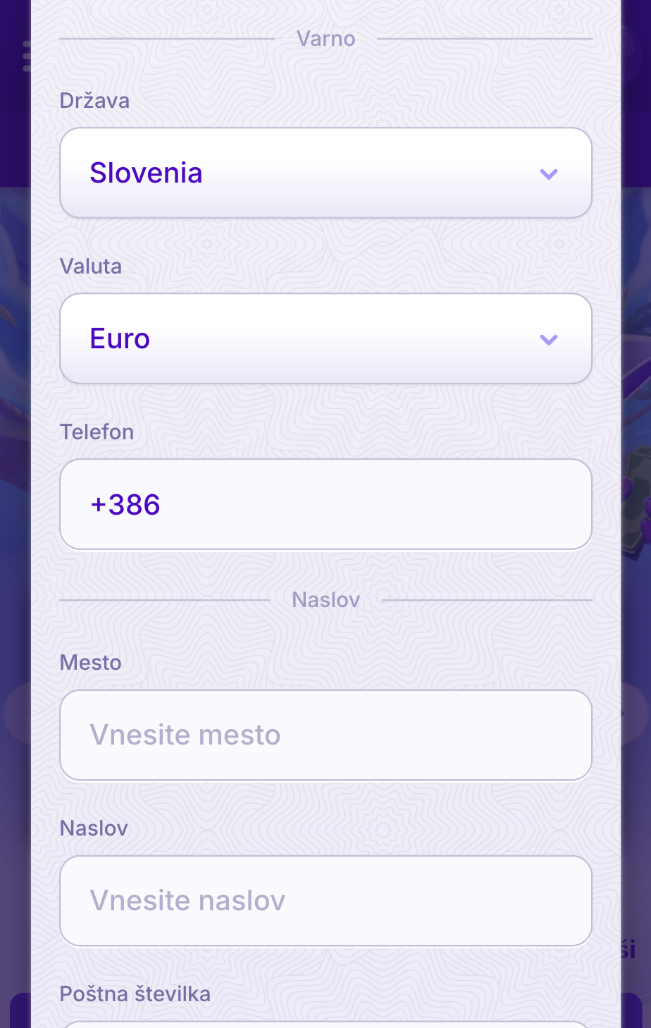 Robocat casino 3. korak registracije