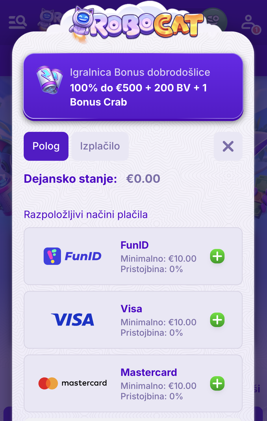 Robocat casino 4. korak registracije
