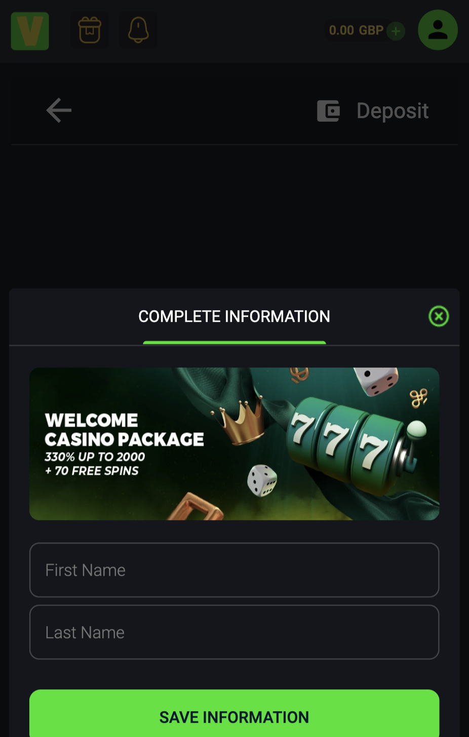 Velobet casino 5. korak registracije