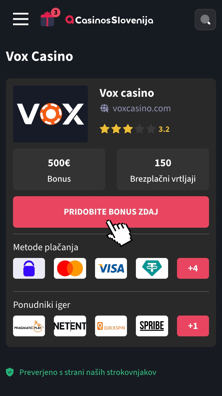 Interfejs aktywacji bonusu w kasynie Vox z podświetlonym czerwonym przyciskiem